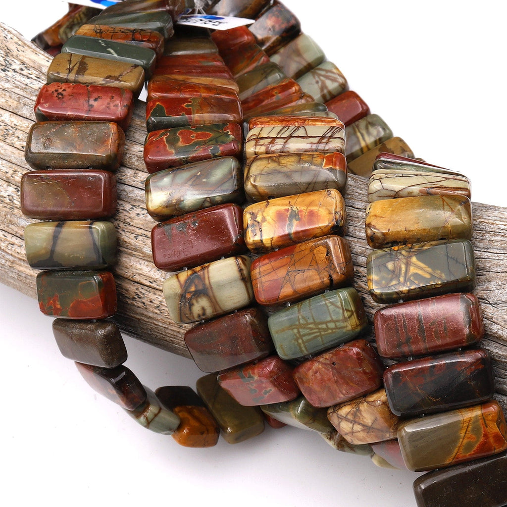 Double Drilled Natural Red Creek Jasper Rectangle Two Hole Bracelet Beads Aka Multicolor Picasso Jasper 8" Strand