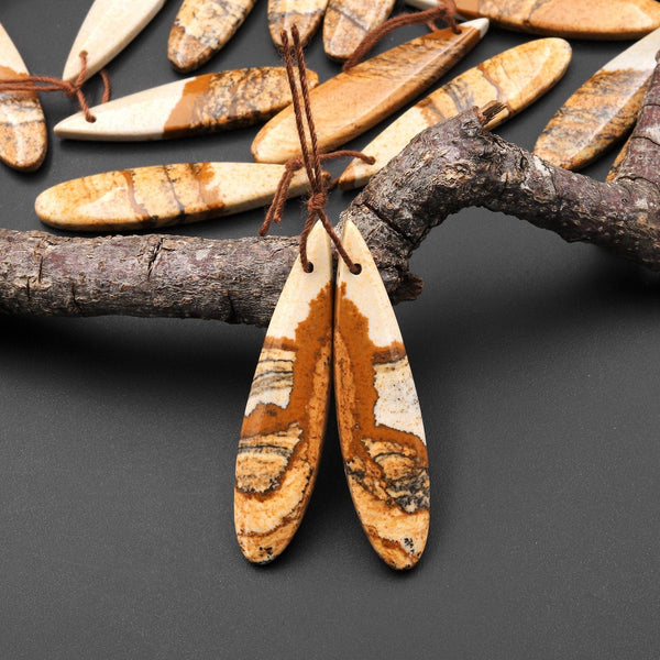 Natural Desert Picture Jasper Earring Pair Drilled Matched Natural Gemstone Bead Teardrop Pair A2