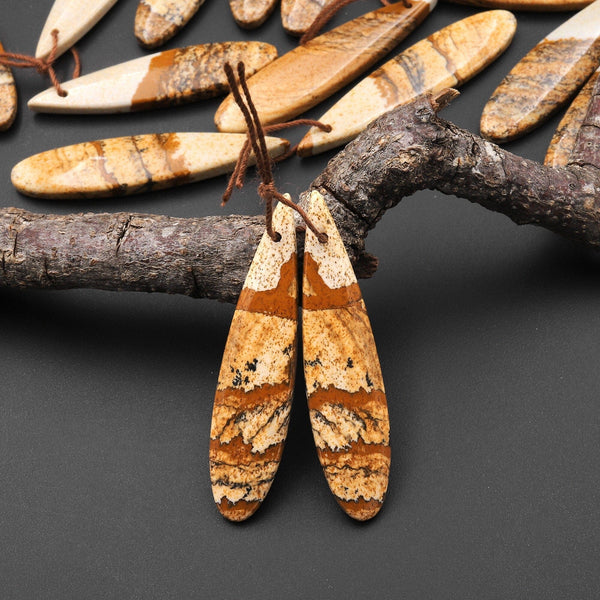Natural Desert Picture Jasper Earring Pair Drilled Matched Natural Gemstone Bead Teardrop Pair A9