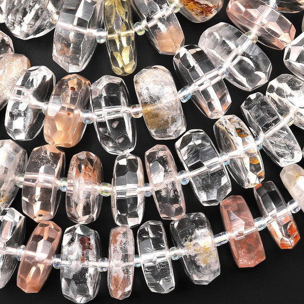 Natural Brazilian Rock Crystal Quartz Beads W/ Golden Copper Red Iron Matrix Faceted Rondelle Wheel 15.5" Strand