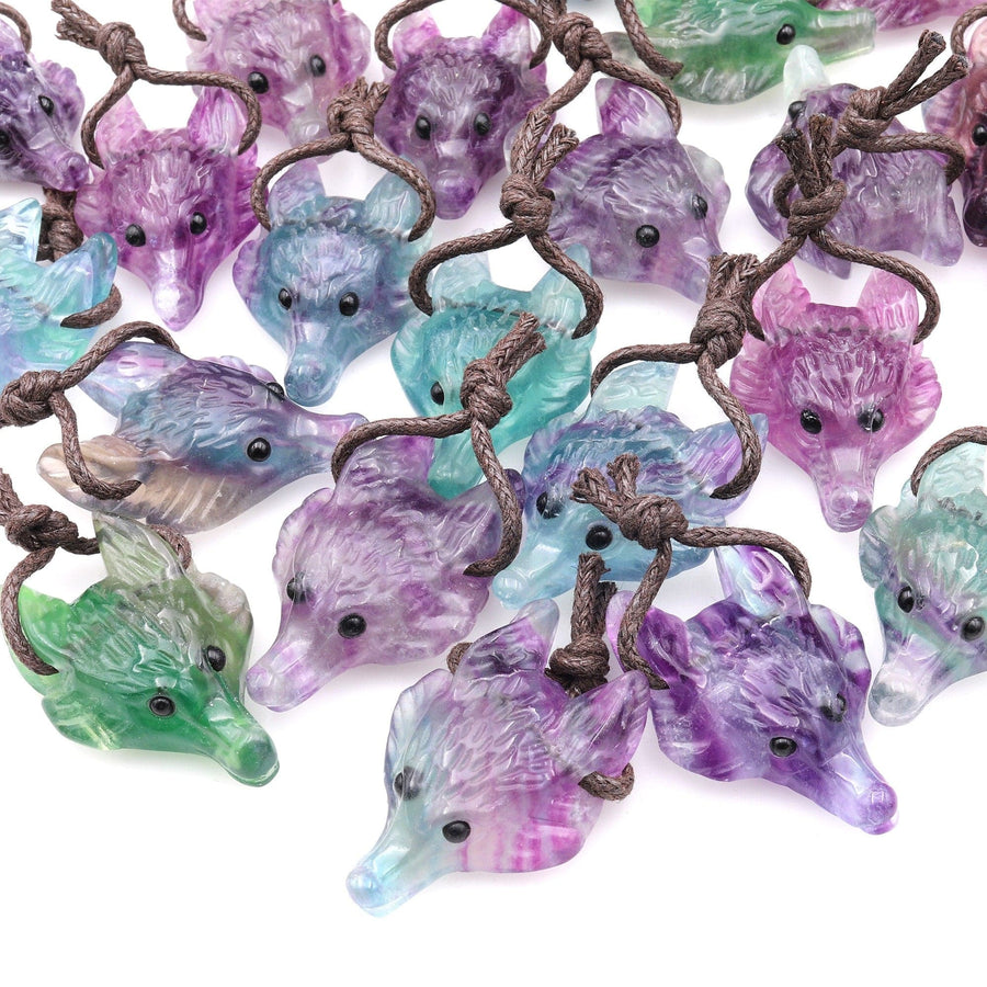 Natural Rainbow Fluorite Gemstone Wolf Head Side Drilled Crystal Pendant Bead