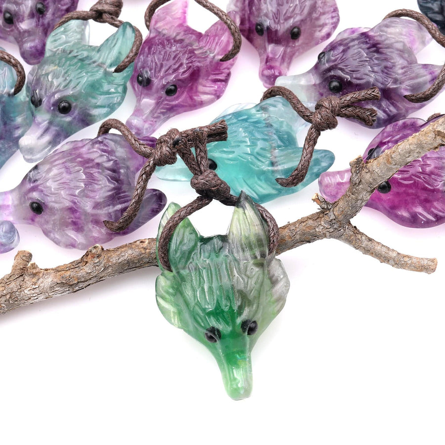 Natural Rainbow Fluorite Gemstone Wolf Head Side Drilled Crystal Pendant Bead