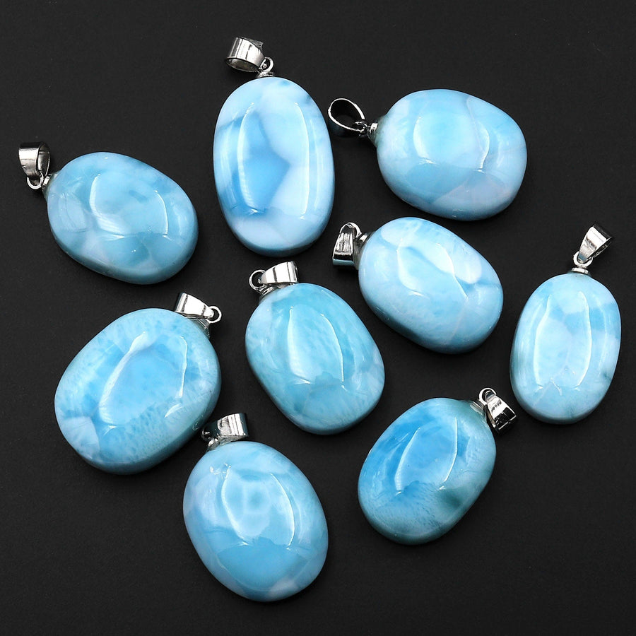 Natural Blue Larimar Oval Pendant Genuine Real Genuine Larimar Gemstone