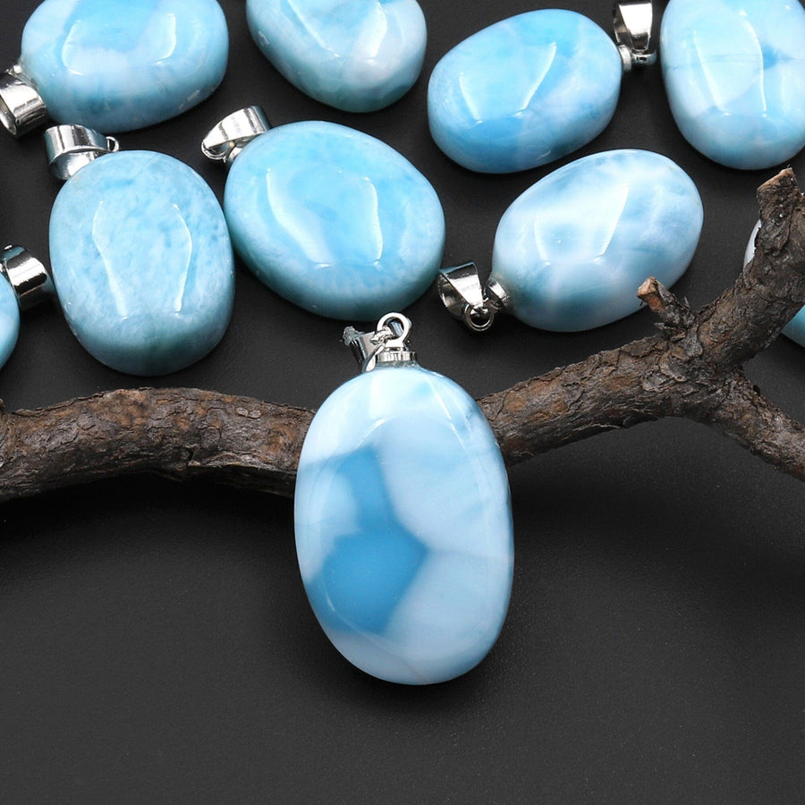 Natural Blue Larimar Oval Pendant Genuine Real Genuine Larimar Gemstone