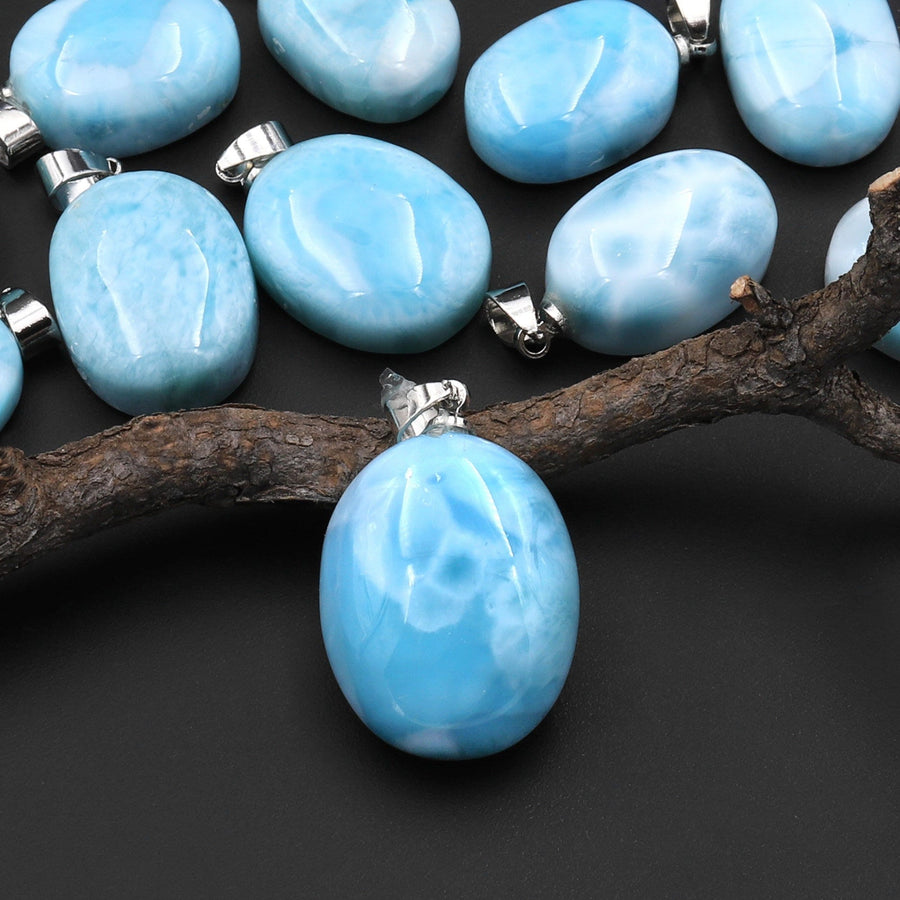 Natural Blue Larimar Oval Pendant Genuine Real Genuine Larimar Gemstone