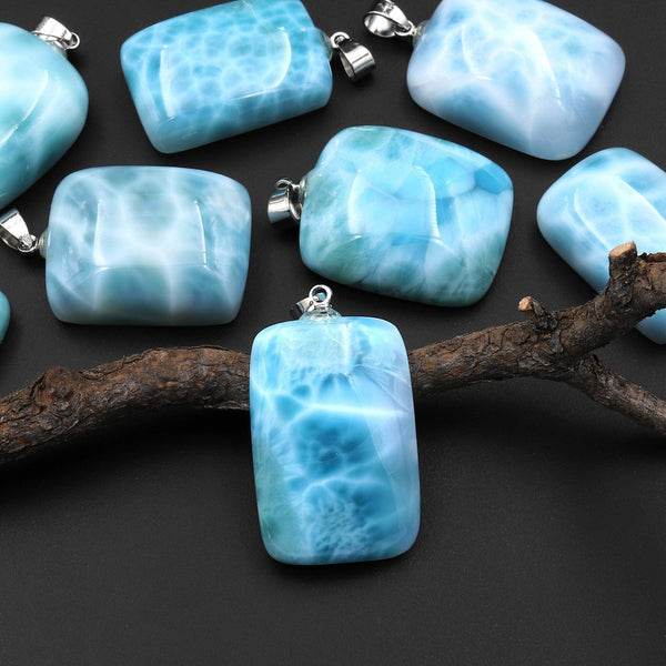 Natural Blue Larimar Rectangle Pendant Genuine Real Genuine Larimar Gemstone