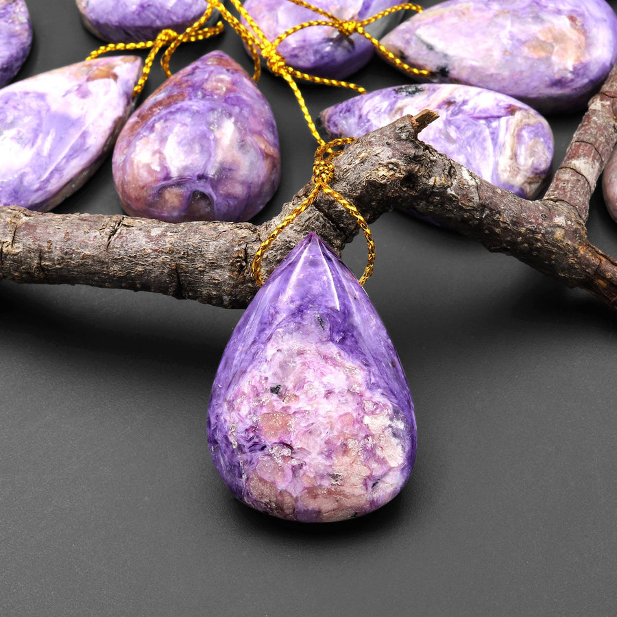 Natural Purple Charorite Pendant Side Drilled Teardrop Genuine Russian Gemstone