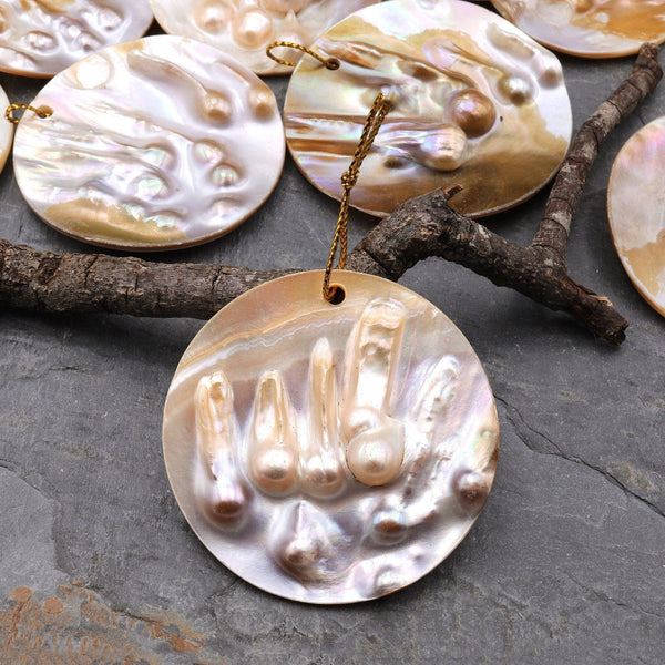 Large Natural Mother of Pearl Pendant Super Iridescent Golden Blister Pearl 55mm