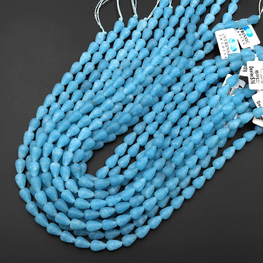 Matte Blue Aqua Stone "Aquamarine" Smooth Teardrop Beads Vertically Drilled Good for Earrings 10x7mm 15.5" Strand