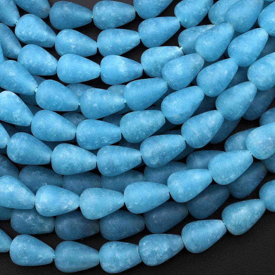 Matte Blue Aqua Stone "Aquamarine" Smooth Teardrop Beads Vertically Drilled Good for Earrings 10x7mm 15.5" Strand