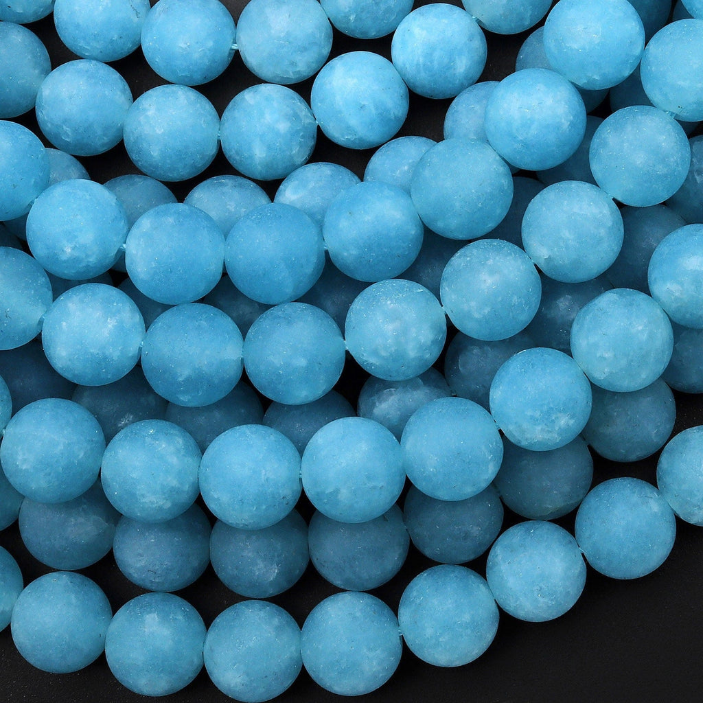 Matte Blue Aqua Stone "Aquamarine" Smooth Round Beads 4mm 6mm 8mm 10mm 12mm 15.5" Strand