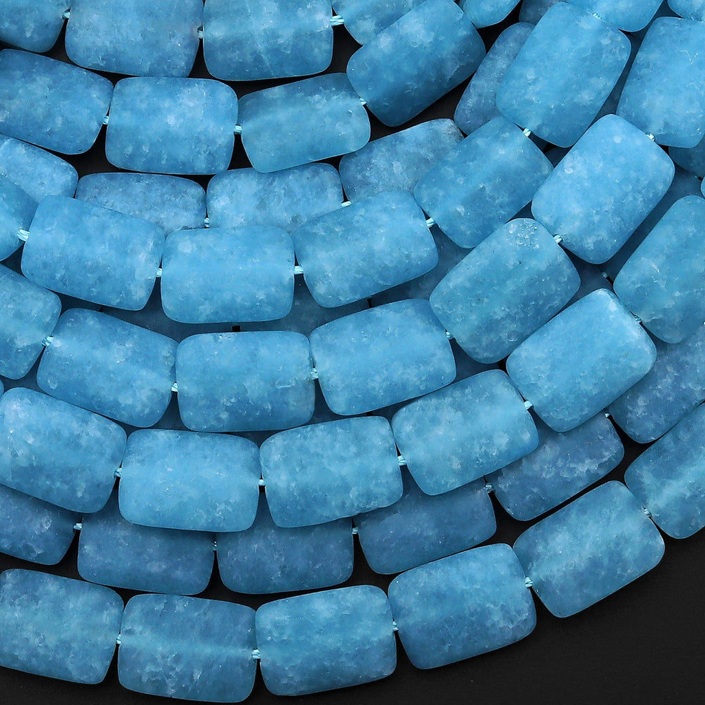 Matte Blue Aqua Stone "Aquamarine" Smooth Rectangle Beads 15.5" Strand