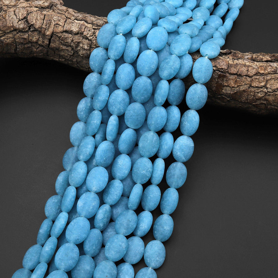 Matte Blue Aqua Stone "Aquamarine" Smooth Oval Beads 15.5" Strand