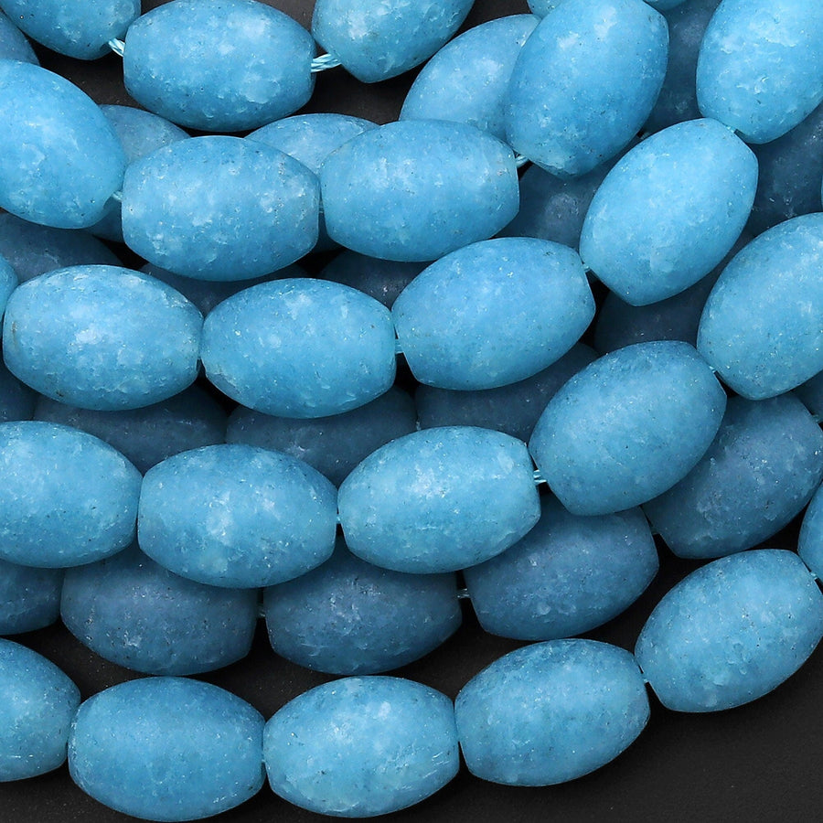 Matte Blue Aqua Stone "Aquamarine" Smooth Drum Barrel Beads 15.5" Strand