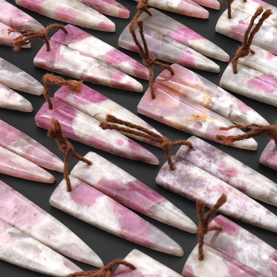 Natural Pink Tourmaline in Quartz Earring Pair Matched Dagger Triangle Shape Drilled Gemstone