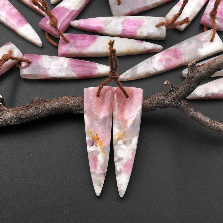 Natural Pink Tourmaline in Quartz Earring Pair Matched Dagger Triangle Shape Drilled Gemstone