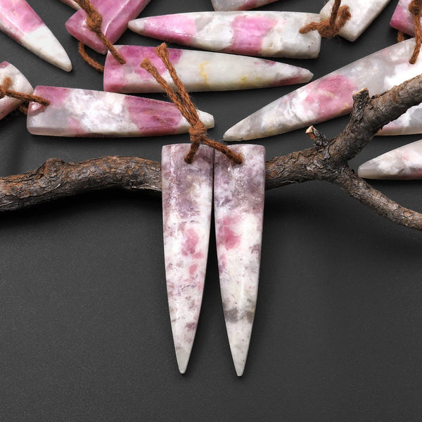 Natural Pink Tourmaline in Quartz Earring Pair Matched Dagger Triangle Shape Drilled Gemstone A1