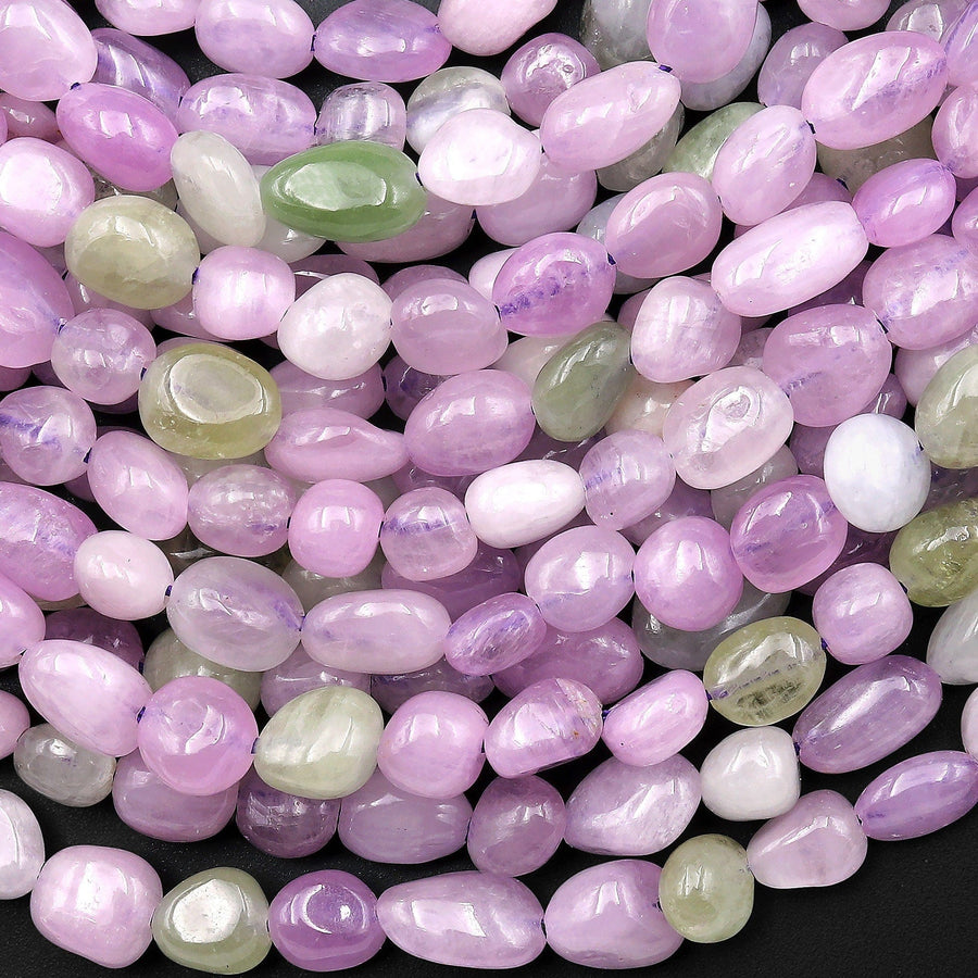 Gemmy Delicious Natural Green Violet Pink Kunzite Freeform Pebble Nugget Beads 15.5" Strand