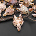 Natural Cherry Blossom Flower Agate Gemstone Wolf Head Side Drilled Crystal Pendant Bead A1