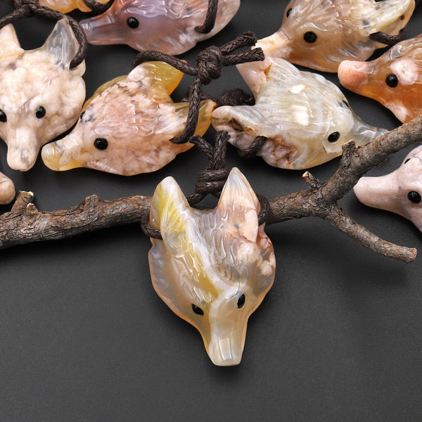 Natural Cherry Blossom Flower Agate Gemstone Wolf Head Side Drilled Crystal Pendant Bead A3