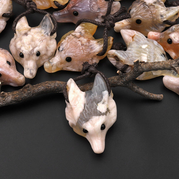 Natural Cherry Blossom Flower Agate Gemstone Wolf Head Side Drilled Crystal Pendant Bead A4