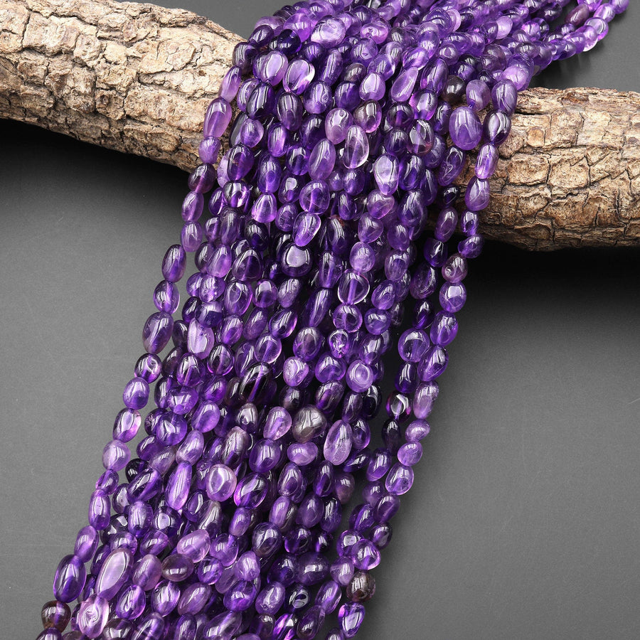 Natural Amethyst Beads Small Freeform Smooth Oval Pebble Nugget Rich Purple Gemstone 15.5" Strand