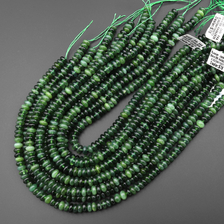 AAA Translucent Genuine Natural Green Russian Siberian Jade Smooth 8mm 10mm Rondelle Beads 15.5" Strand