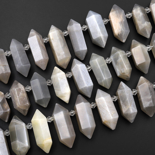 Natural Grey Moonstone Faceted Double Terminated Point Top Side Drilled Focal Pendant Beads 15.5" Strand