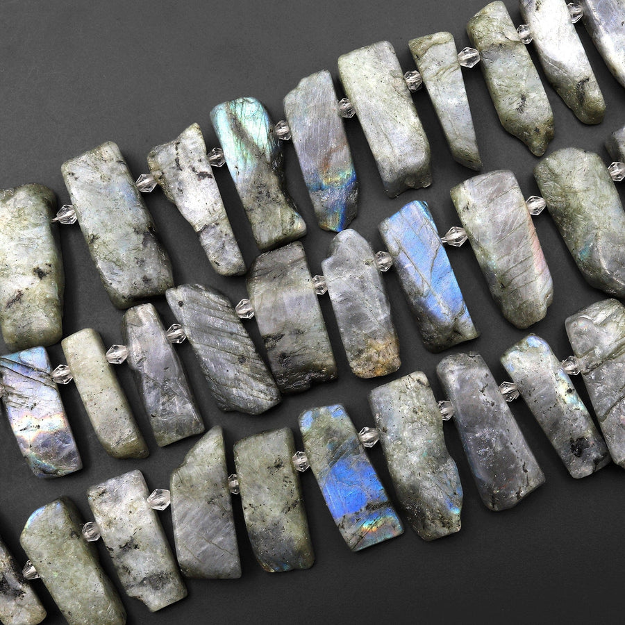 Matte Natural Labradorite Rectangle Rectangular Beads Spike Stick Slice Focal Pendant Cleopatra Style Fan Shaped 15.5" Strand