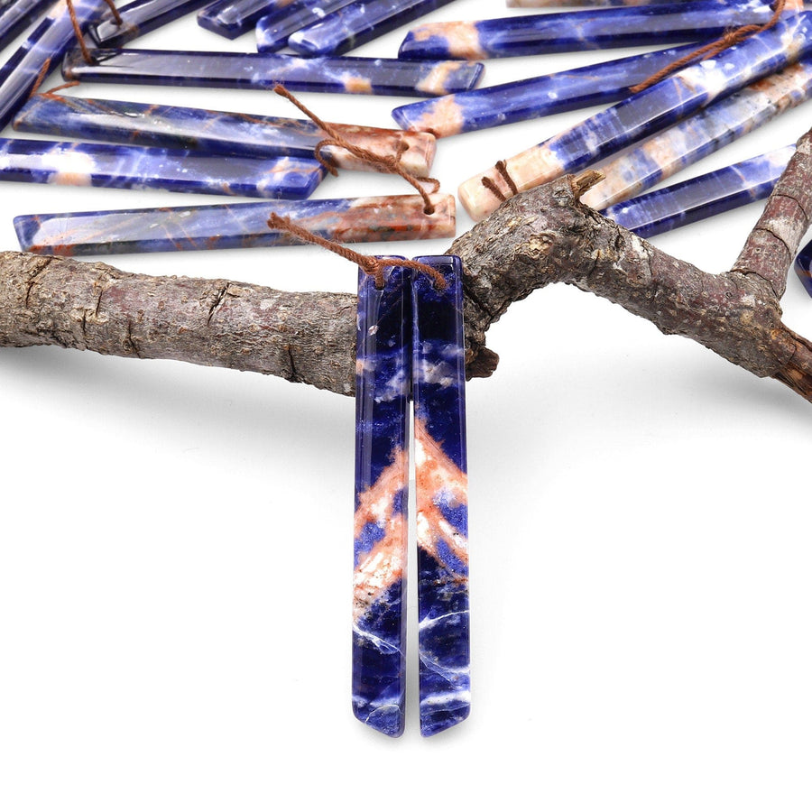 Rare Natural Orange Sodalite Long Linear Beveled Rectangle Earring Pair Matched Gemstone Beads