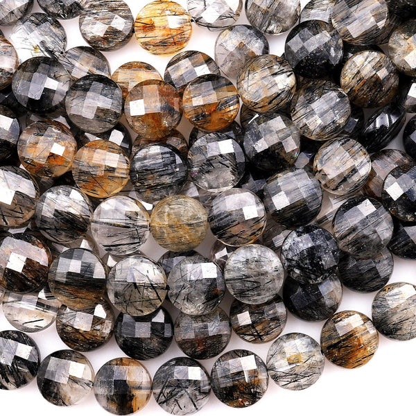 AAA Faceted Natural Black Tourmaline Rutilated Rutile Quartz Coin Beads 10mm Gemstone 15.5" Strand