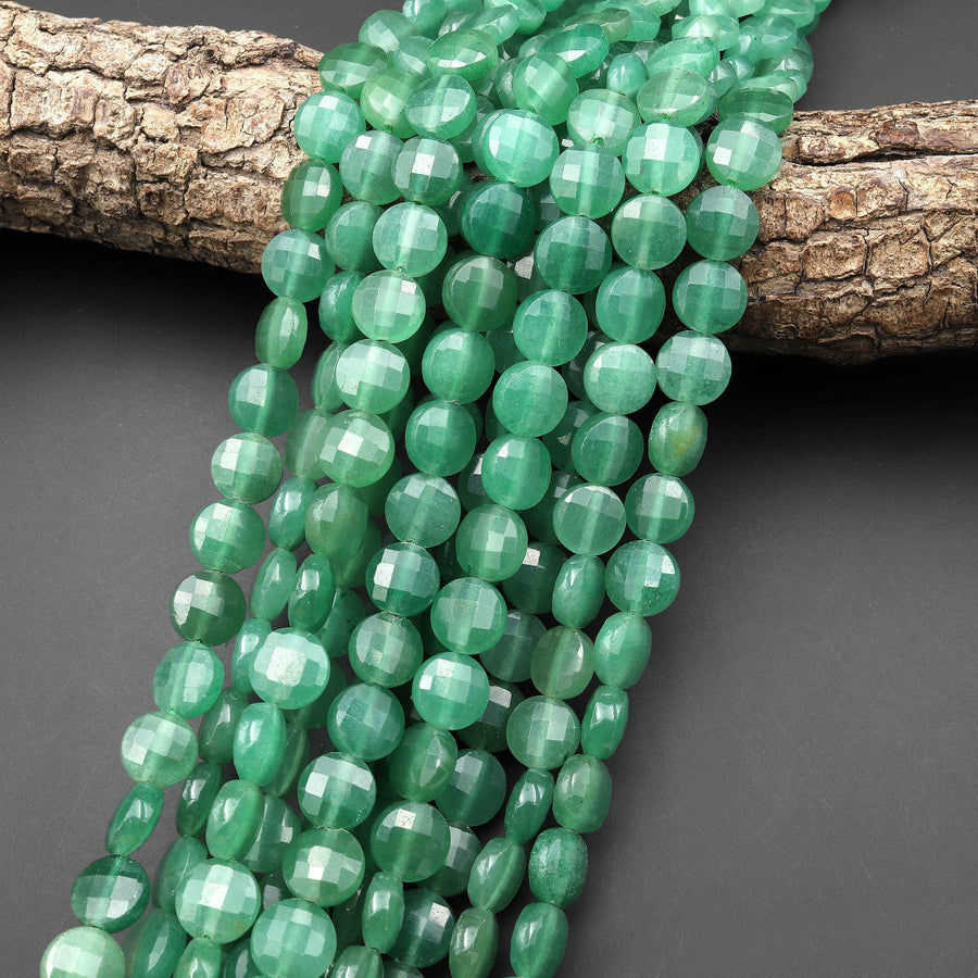 Natural Green Aventurine Beads Faceted 10mm Coin Gemstone 15.5" Strand