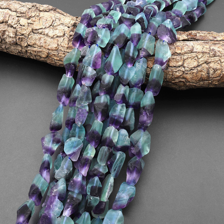 Rare Natural Bicolor Green Fluorite Fluorite Matte Freeform Nugget Beads Gemstone 15.5" Strand