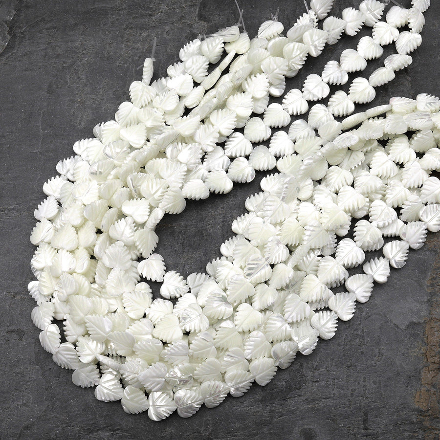 AAA Iridescent Hand Carved Natural White Mother of Pearl Beads Heart Palm Leaf Shape 15.5" Strand