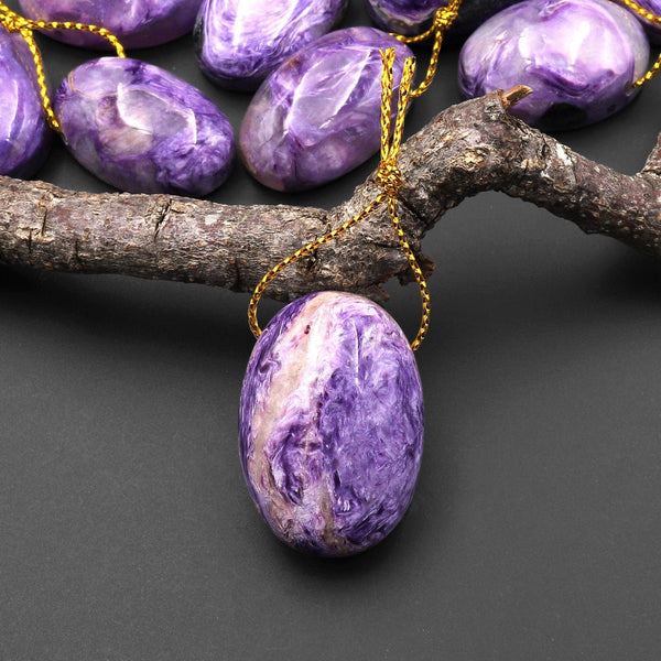 Natural Purple Charorite Pendant Side Drilled Oval Genuine Russian Gemstone A3