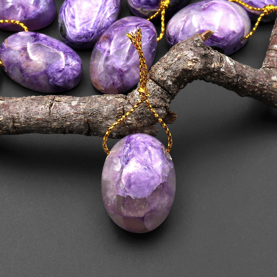 Natural Purple Charorite Pendant W/ Translucent Canasite Side Drilled Oval Genuine Russian Gemstone A5