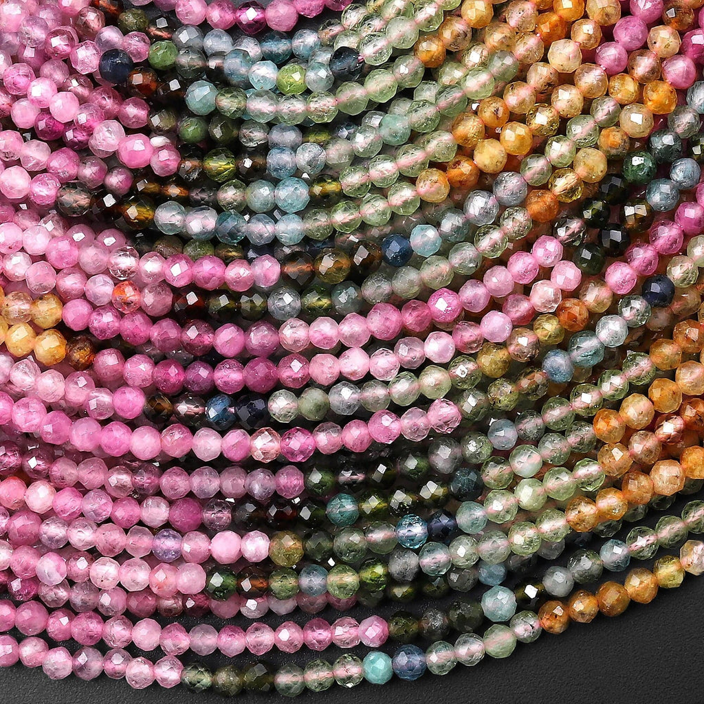 AAA Natural Watermelon Tourmaline Micro Faceted 2mm 3mm Round Multicolor Pink Green Golden Yellow Blue Gemstone Beads 15.5" Strand