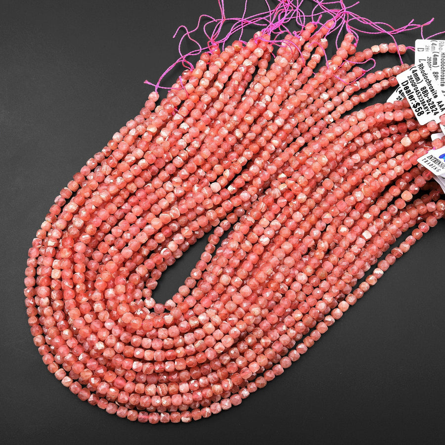 AAA Natural Rhodochrosite Faceted 4mm Cube Square Dice Beads Extra Translucent Gemstone 15.5" Strand