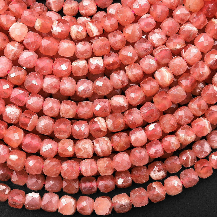 AAA Natural Rhodochrosite Faceted 4mm Cube Square Dice Beads Extra Translucent Gemstone 15.5" Strand