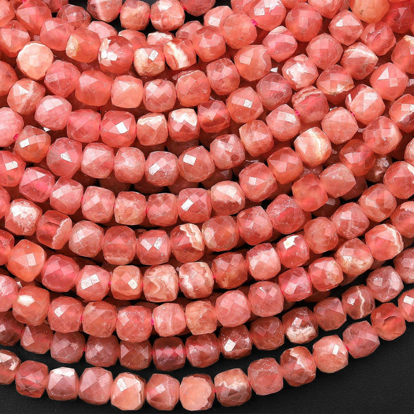 AAA Natural Rhodochrosite Faceted 4mm Cube Square Dice Beads Extra Translucent Gemstone 15.5" Strand