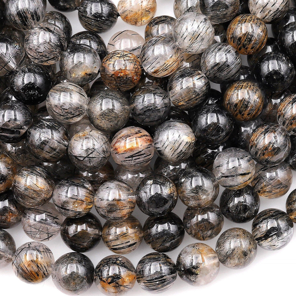 AAA Natural Black Tourmaline Rutile Quartz w/ Golden Yellow Copper Inclusion Round Beads 8mm 10mm 12mm Gemstone 15.5" Strand