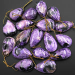 Natural Purple Charorite Black Aegirine Pendant Side Drilled Teardrop Genuine Russian Gemstone