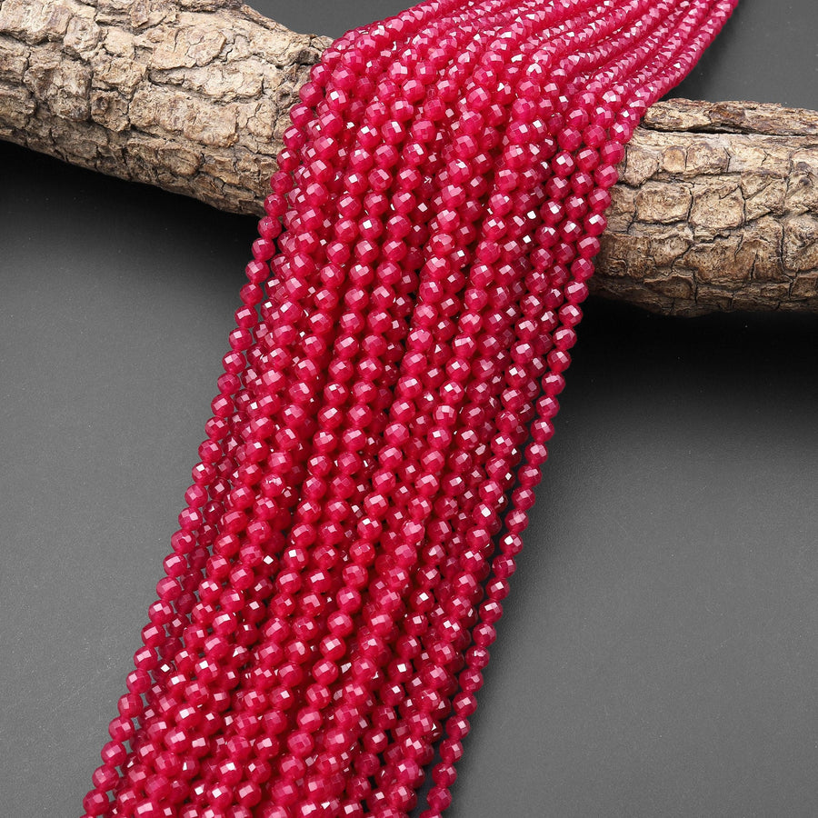 Faceted Lab-grown Red Ruby 2mm 3mm 4mm Round Gemstone Beads 15.5" Strand