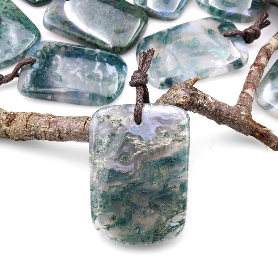 Large Natural Green Moss Agate Curved Rectangle Pendant Gemstone Focal Bead