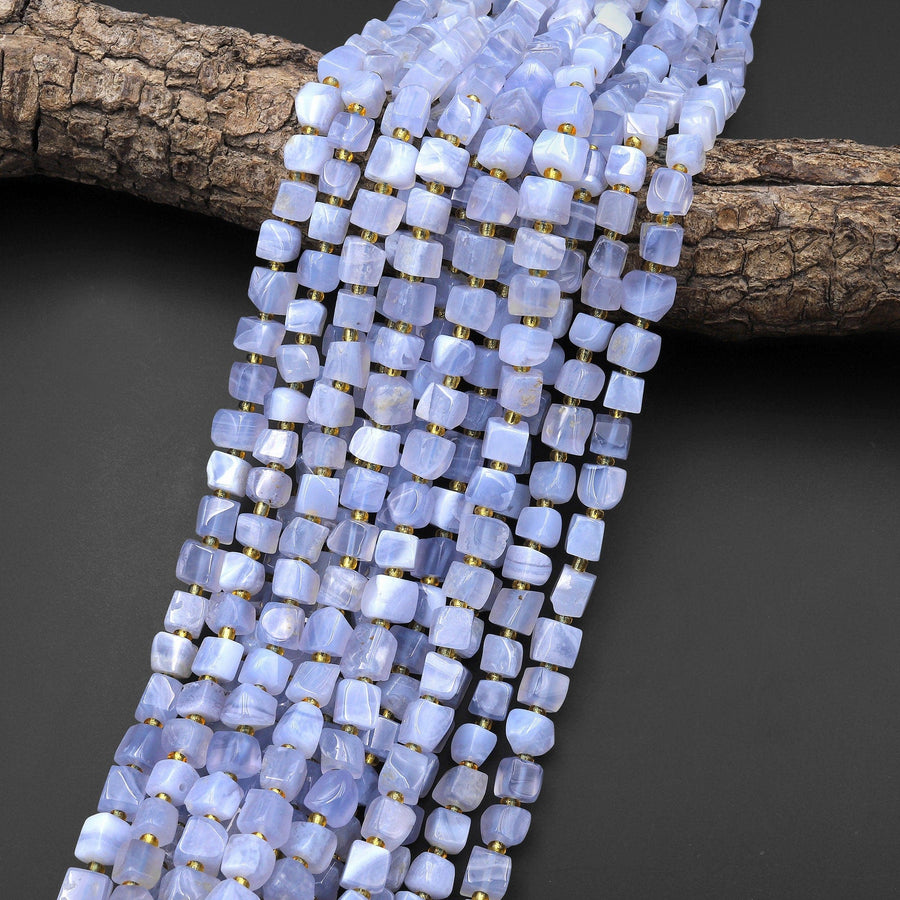 Natural Blue Lace Agate 6mm 8mm Cube Beads 15.5" Strand