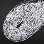Faceted Natural Rainbow Moonstone W/ Black Tourmaline Matrix 2mm 4mm Round Beads Interesting Blue Fires 15.5" Strand