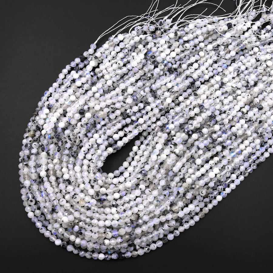 Faceted Natural Rainbow Moonstone W/ Black Tourmaline Matrix 2mm 4mm Round Beads Interesting Blue Fires 15.5" Strand