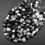 Natural Black Tuxedo Agate Smooth Heart Beads W/ White Quartz Matrix 15.5" Strand