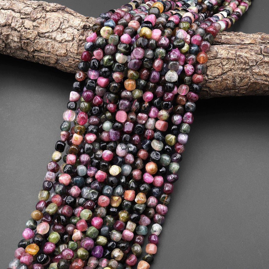 Natural Multicolor Pink Green Blue Tourmaline Freeform 6mm Pebble Nugget Beads Gemstone 15.5" Strand