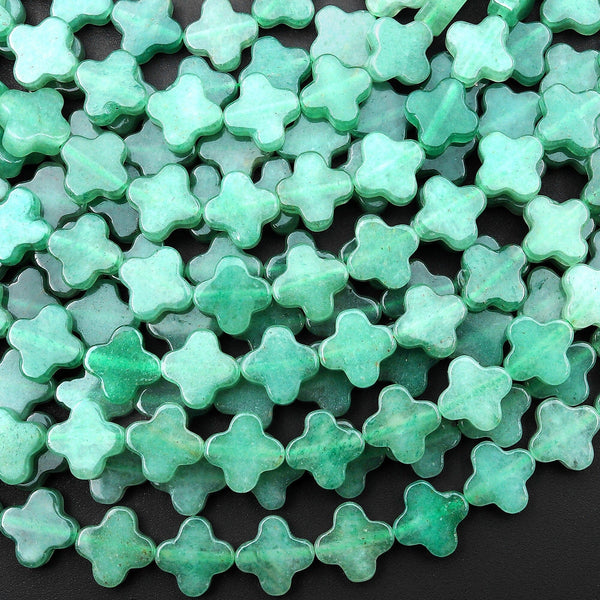 4 Four Leaf Clover Beads Natural Green Aventurine 8mm Hand Carved Flower Gemstone 15.5" Strand